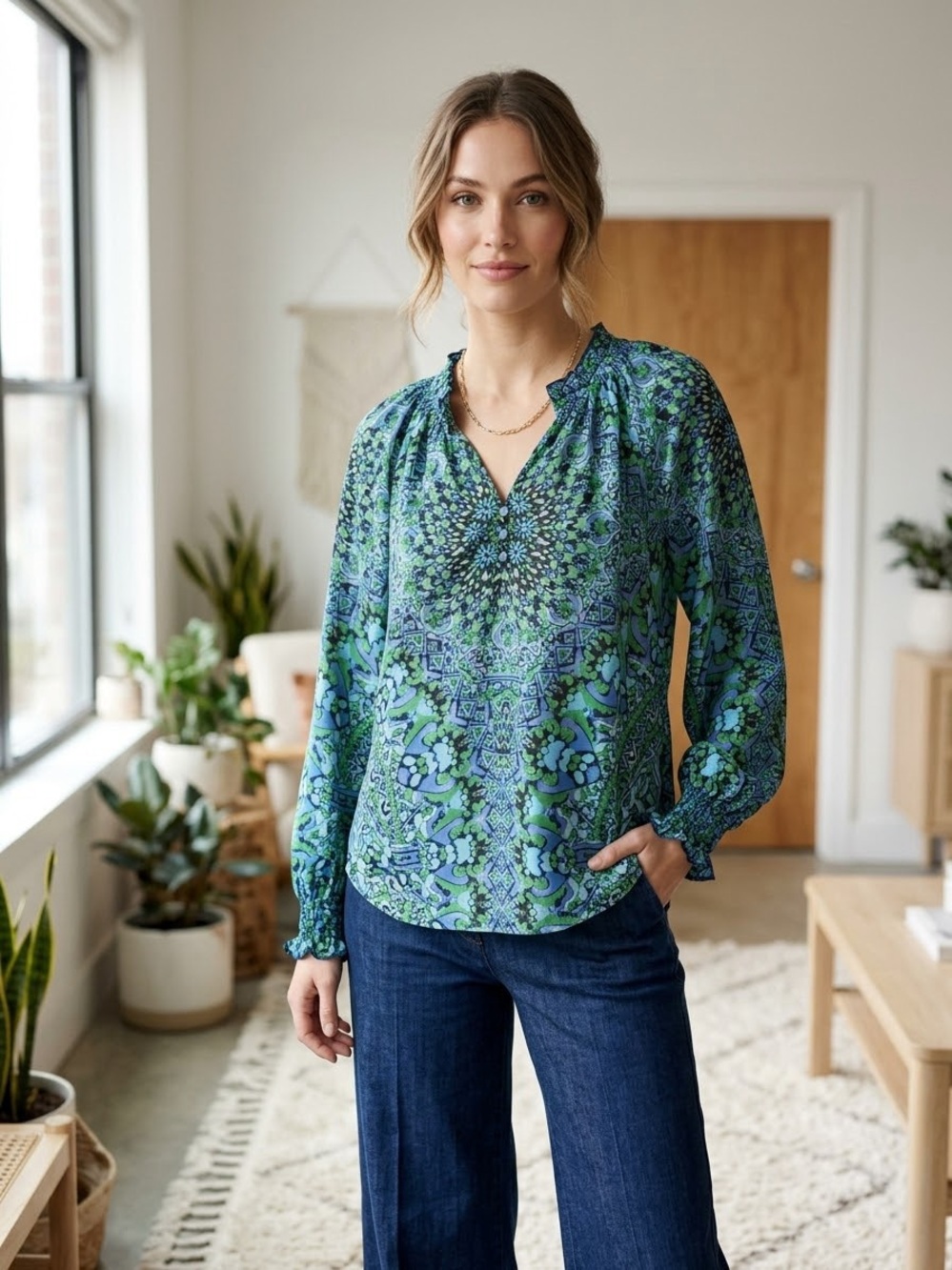 Hale Bob 100% Silk Boho Geometric Blouse XS